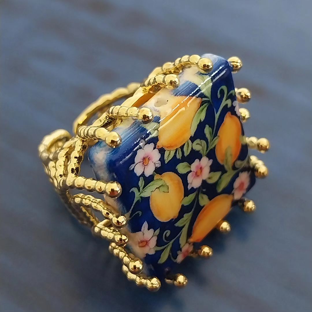 Anello con Mattonella dipinta a mano "Limoni di Sorrento"